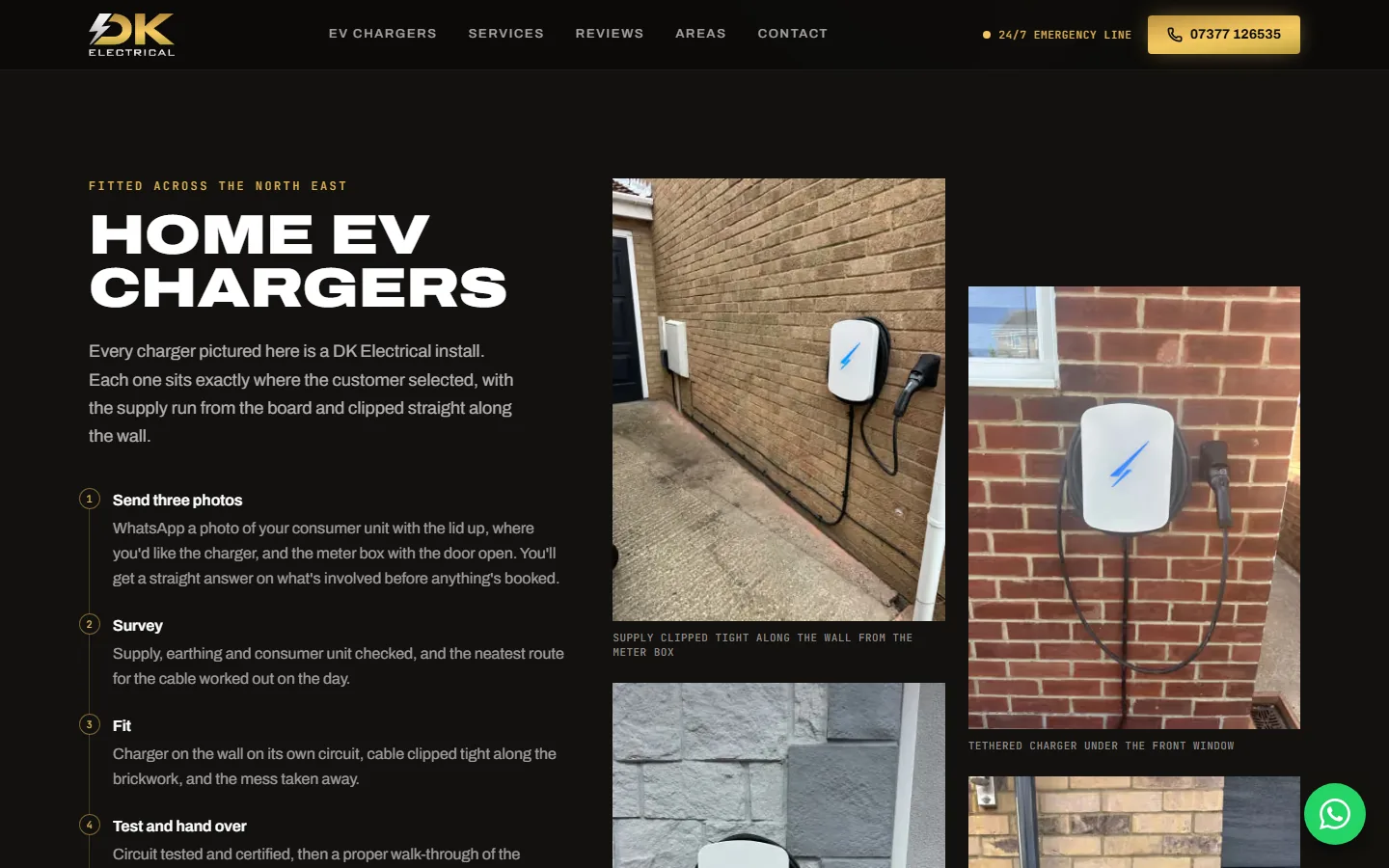 The home EV chargers section: chargers Dan has fitted, and the four steps from WhatsApp photos to test and hand over