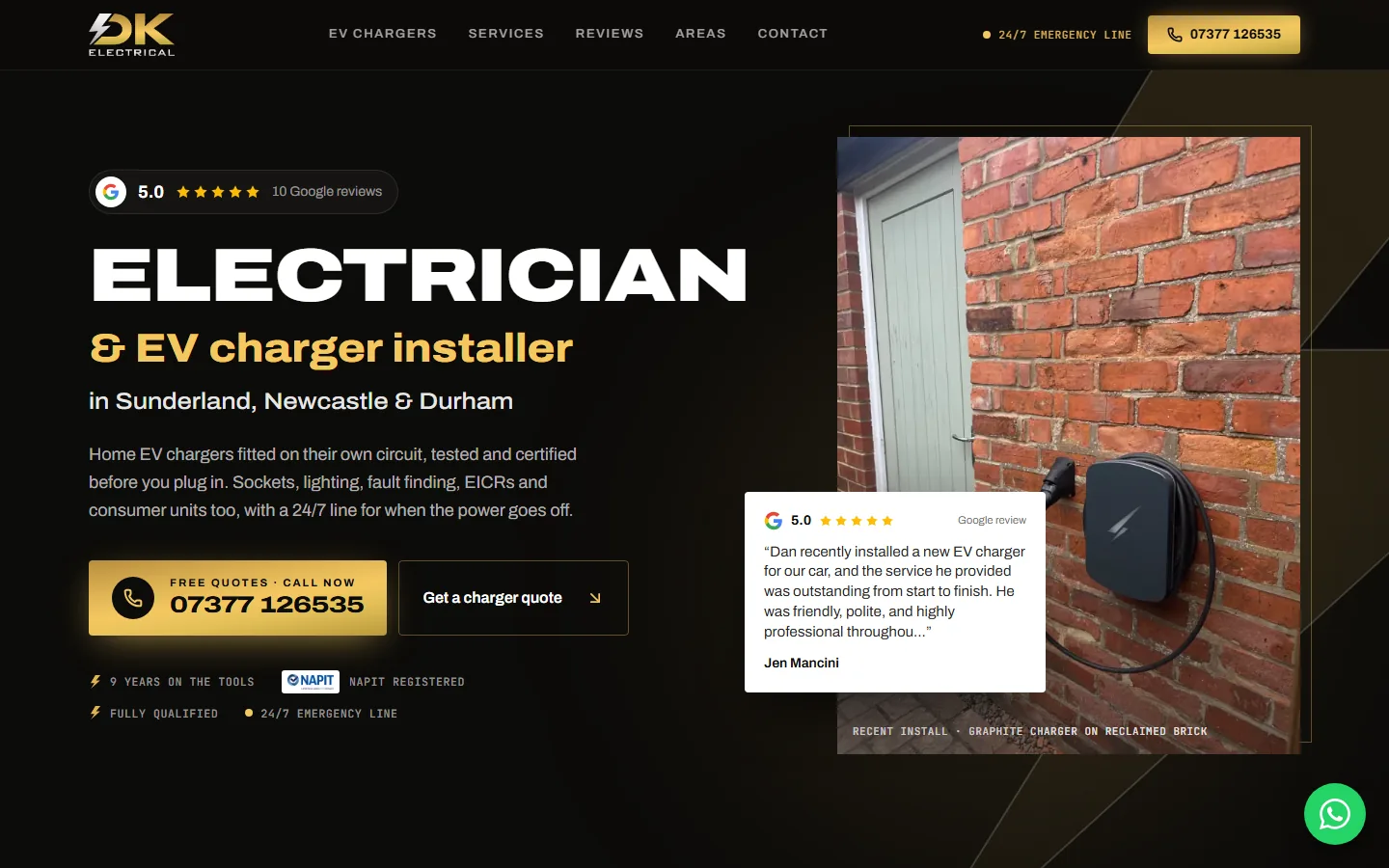 The DK Electrical homepage: electrician and EV charger installer in Sunderland, Newcastle and Durham, with his number as the first button