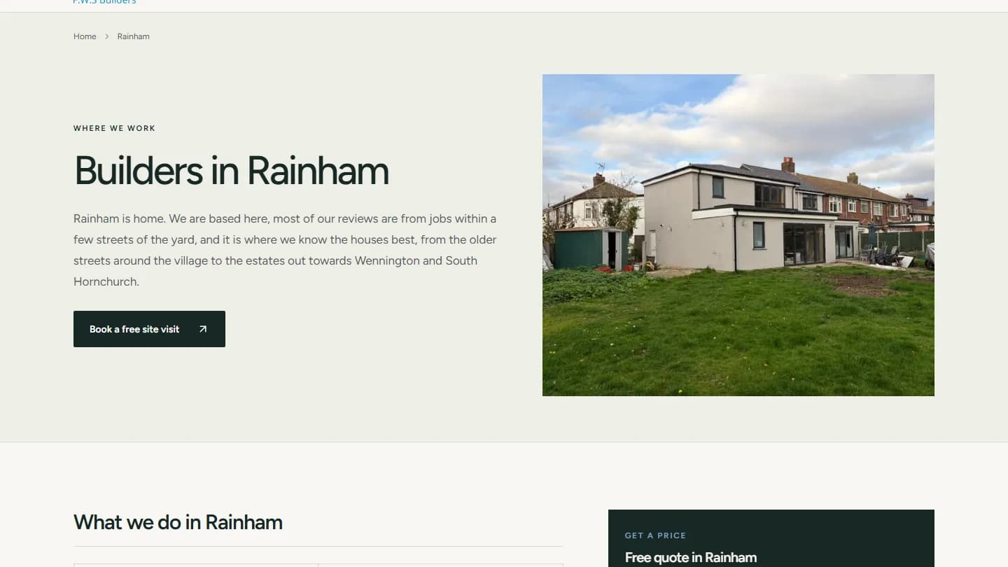 The top of the Rainham area page: builders in Rainham, what they do there and the houses the work is done in