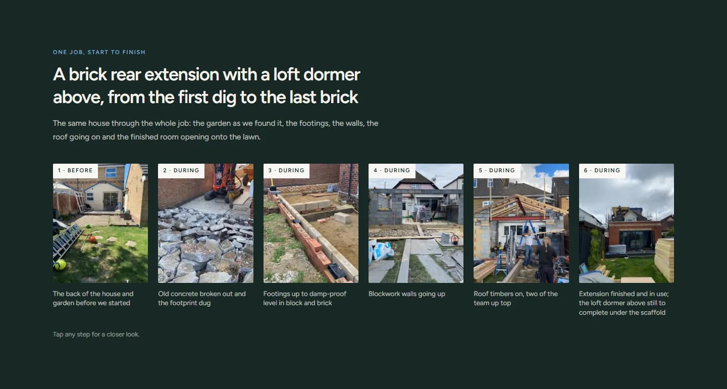 The build story on the house extensions page: one brick rear extension in six photos, from the garden as found to the finished room