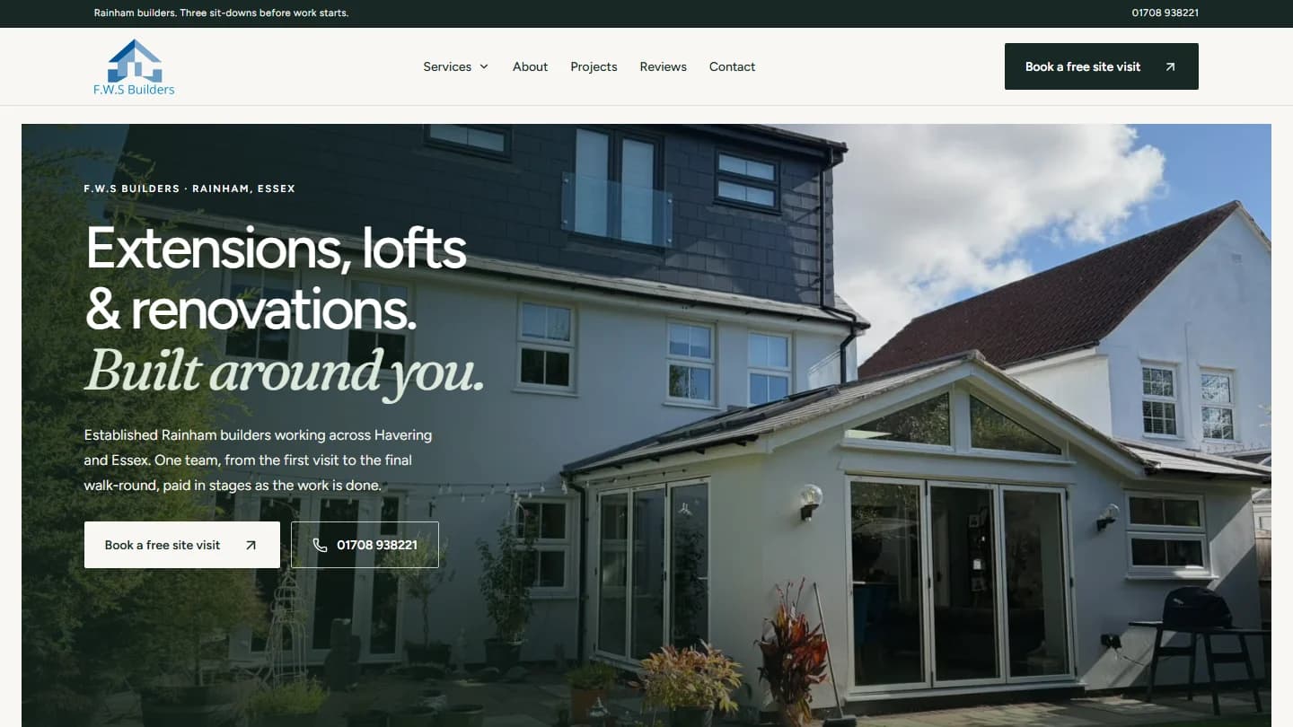 The F.W.S Builders homepage: extensions, lofts and renovations, over a finished rear extension they built in Rainham