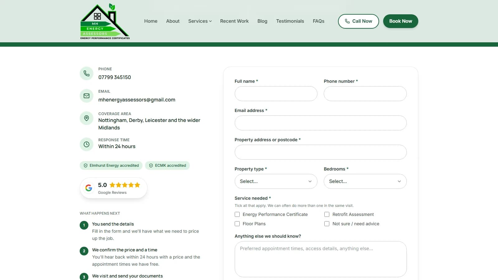 The MH Energy Assessors enquiry form, qualifying property type, bedrooms and service needed