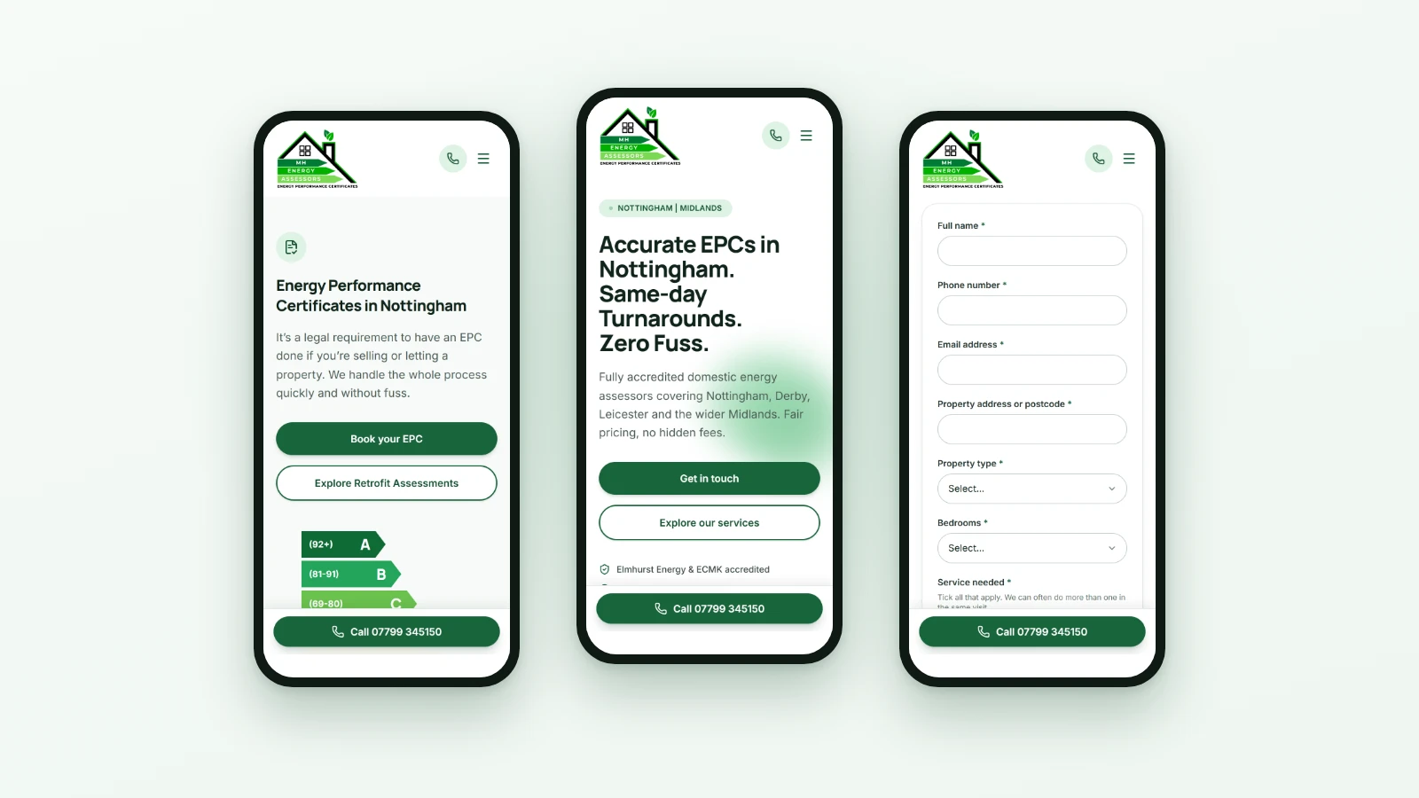 The MH Energy Assessors site on mobile, with the call bar pinned to every screen