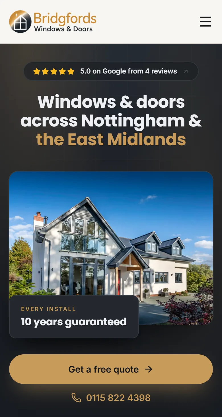 The Bridgfords Windows and Doors website on a phone: headline, reviews, guarantee and quote button